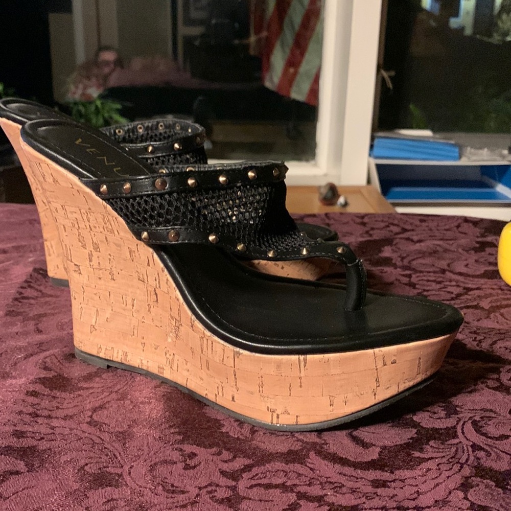 Sexy Black Mesh Wedge Sandals sz 8.5